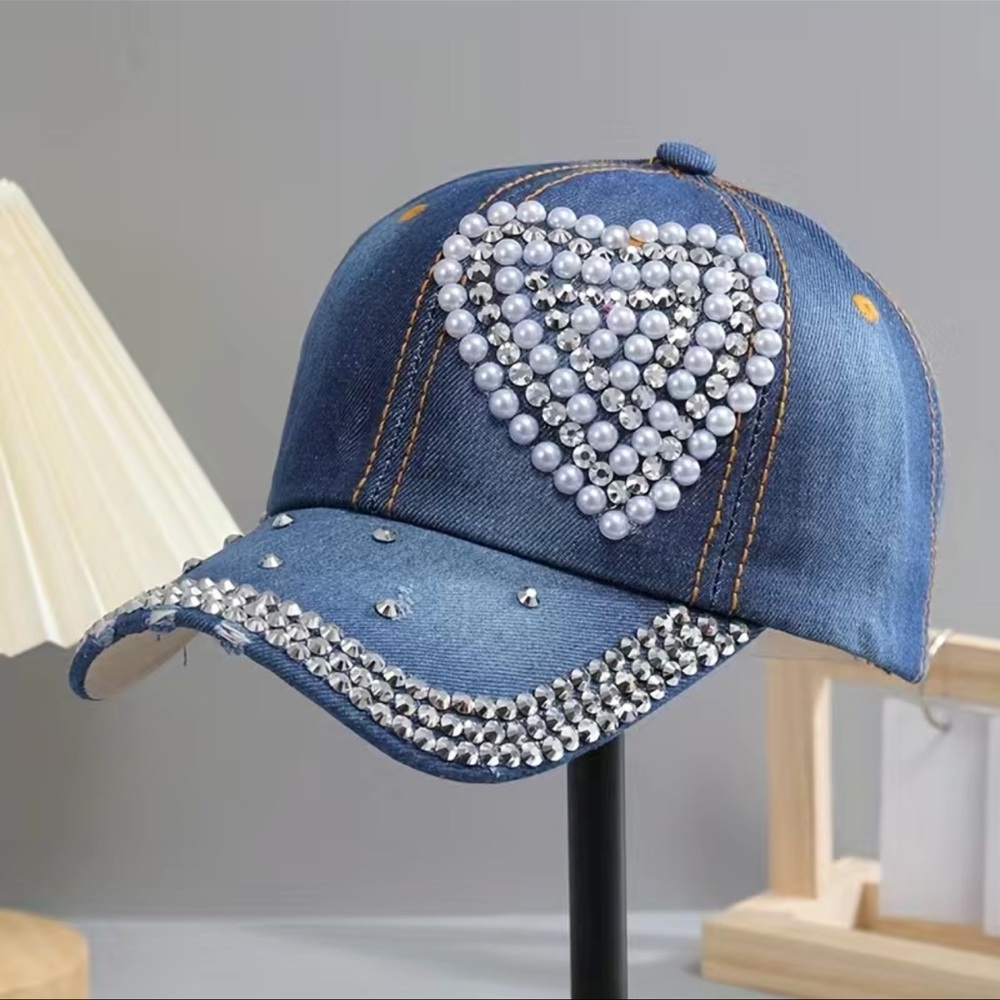 Denim Pearl Decorated Heart Hat
